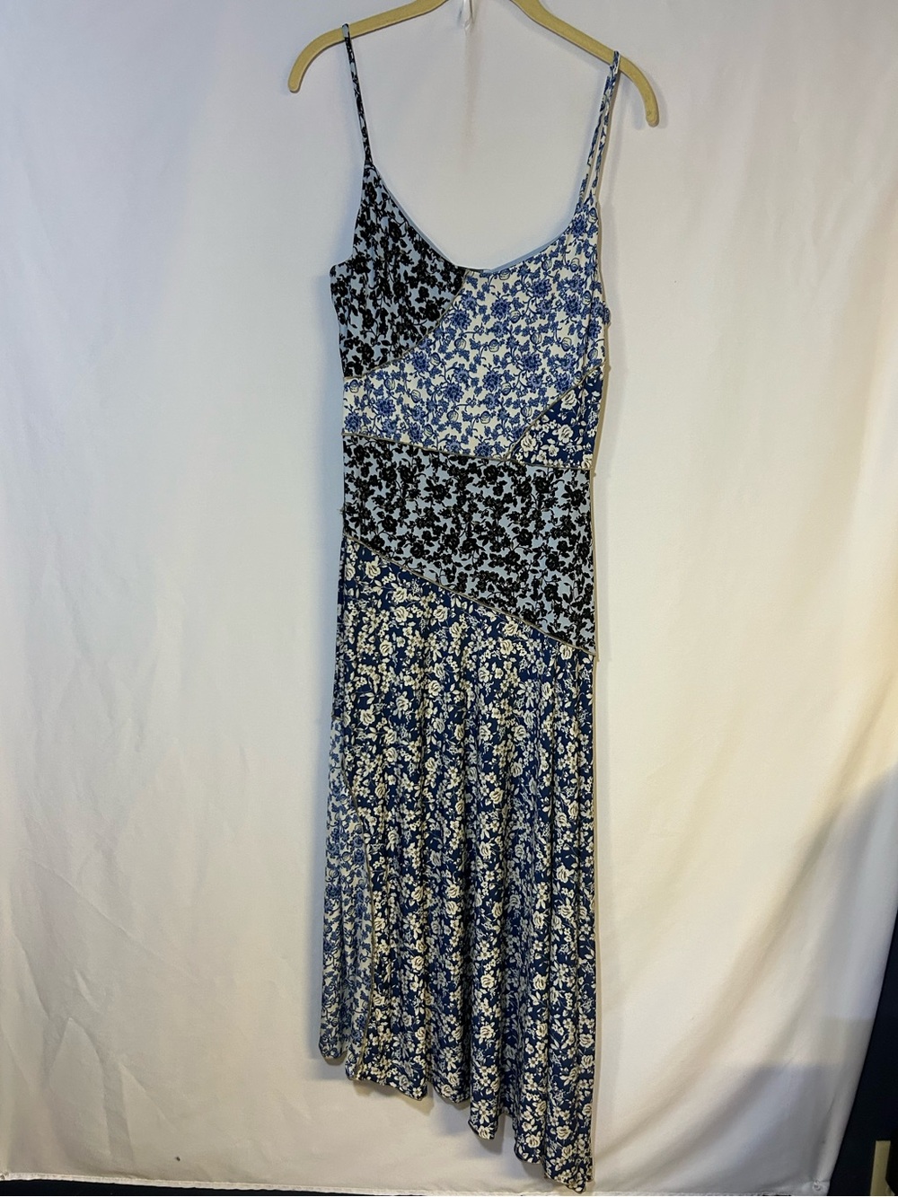 MNG Mango Maxi Slip Dress Large Floral Asymmetrical Spaghetti Strap Patchwork